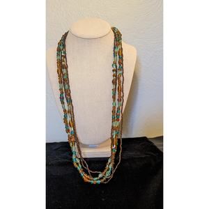 Multi-Strand Brown, Aqua Beaded 30-33" Necklace